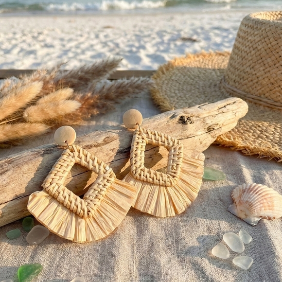 Boho Chic Raffia Statement Earrings | Handmade Beach Vibes Resortwear Jewelry - Picture 4 of 14